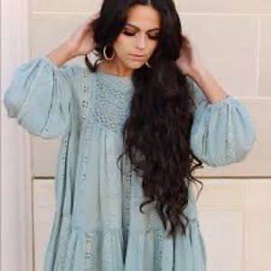 NWT FREE PEOPLE KISS KISS TUNIC BOHO LACE DRESS WITH BACK CUTOUT SIZE SMALL-TEAL